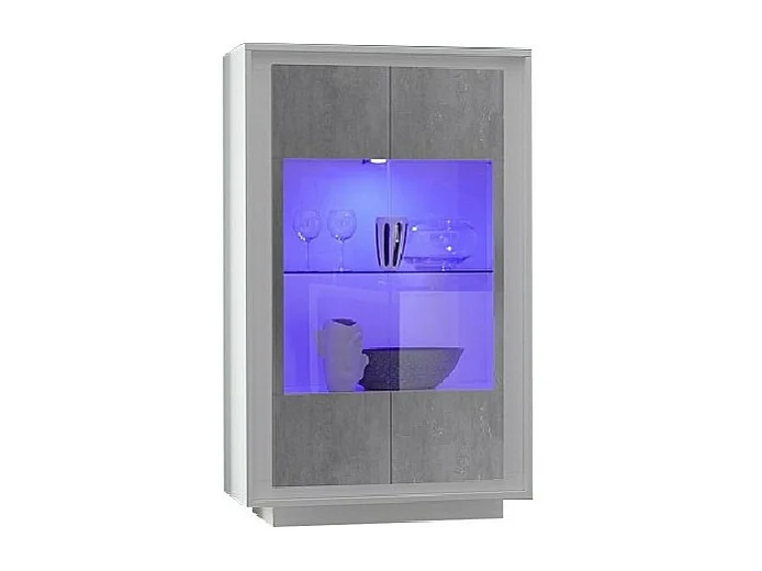 Vitrine 2 portes, collection FALL, coloris blanc mat laqué et gris aspect béton