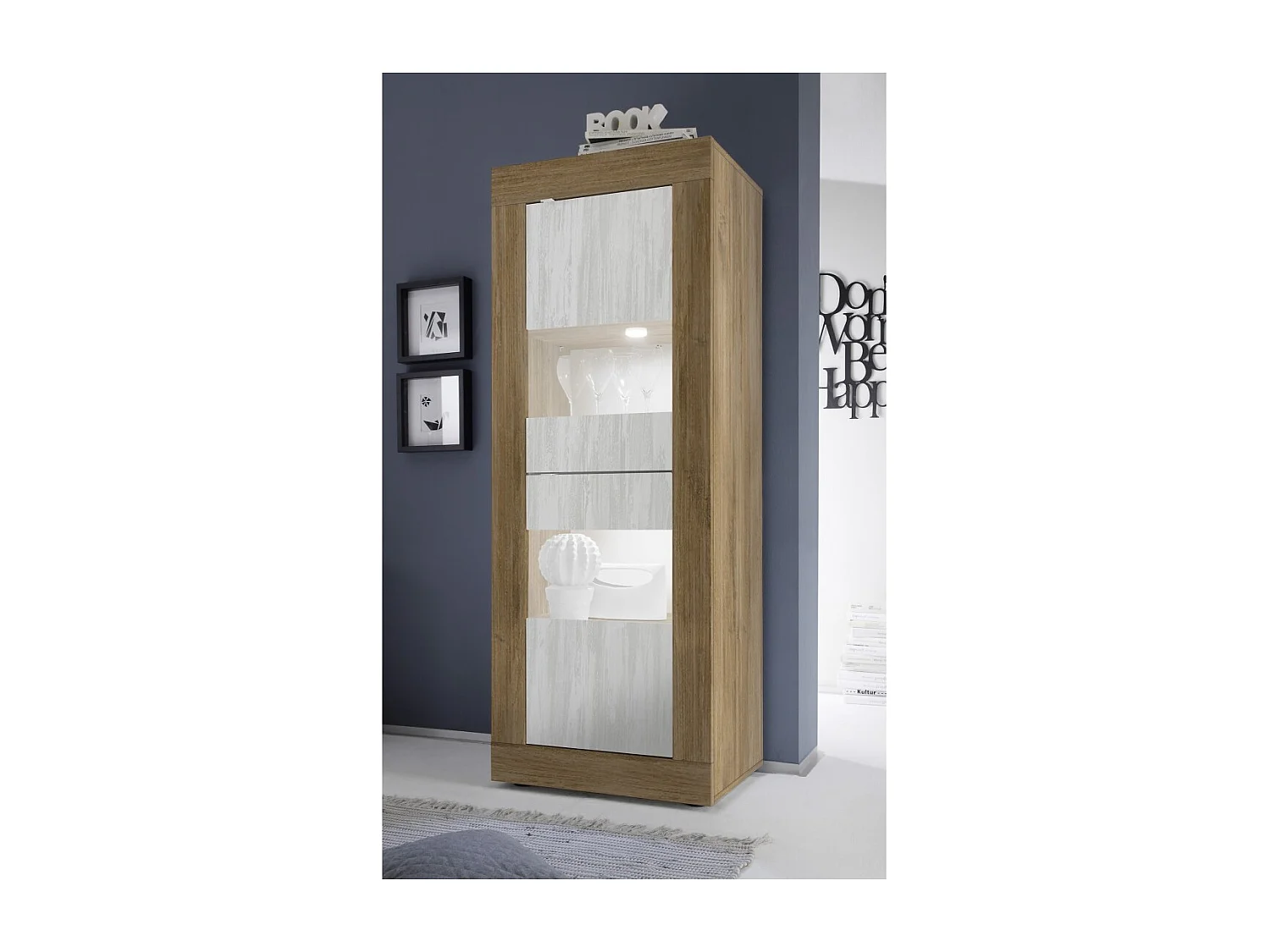 Vitrine design 2 portes collection ACCESS. Coloris blanc et chêne foncé
