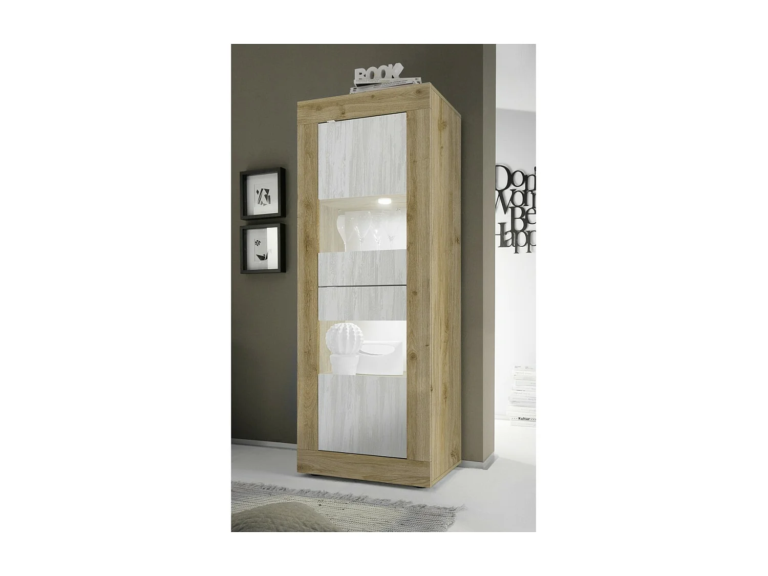 Vitrine design 2 portes collection ACCESS. Coloris blanc et chêne clair