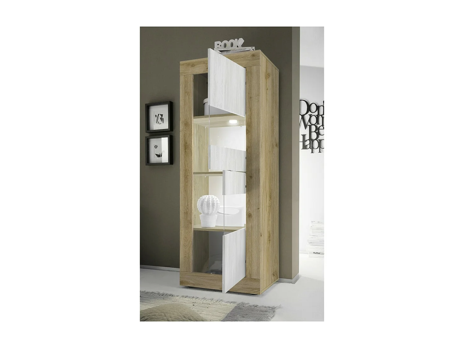 Vitrine design 2 portes collection ACCESS. Coloris blanc et chêne clair