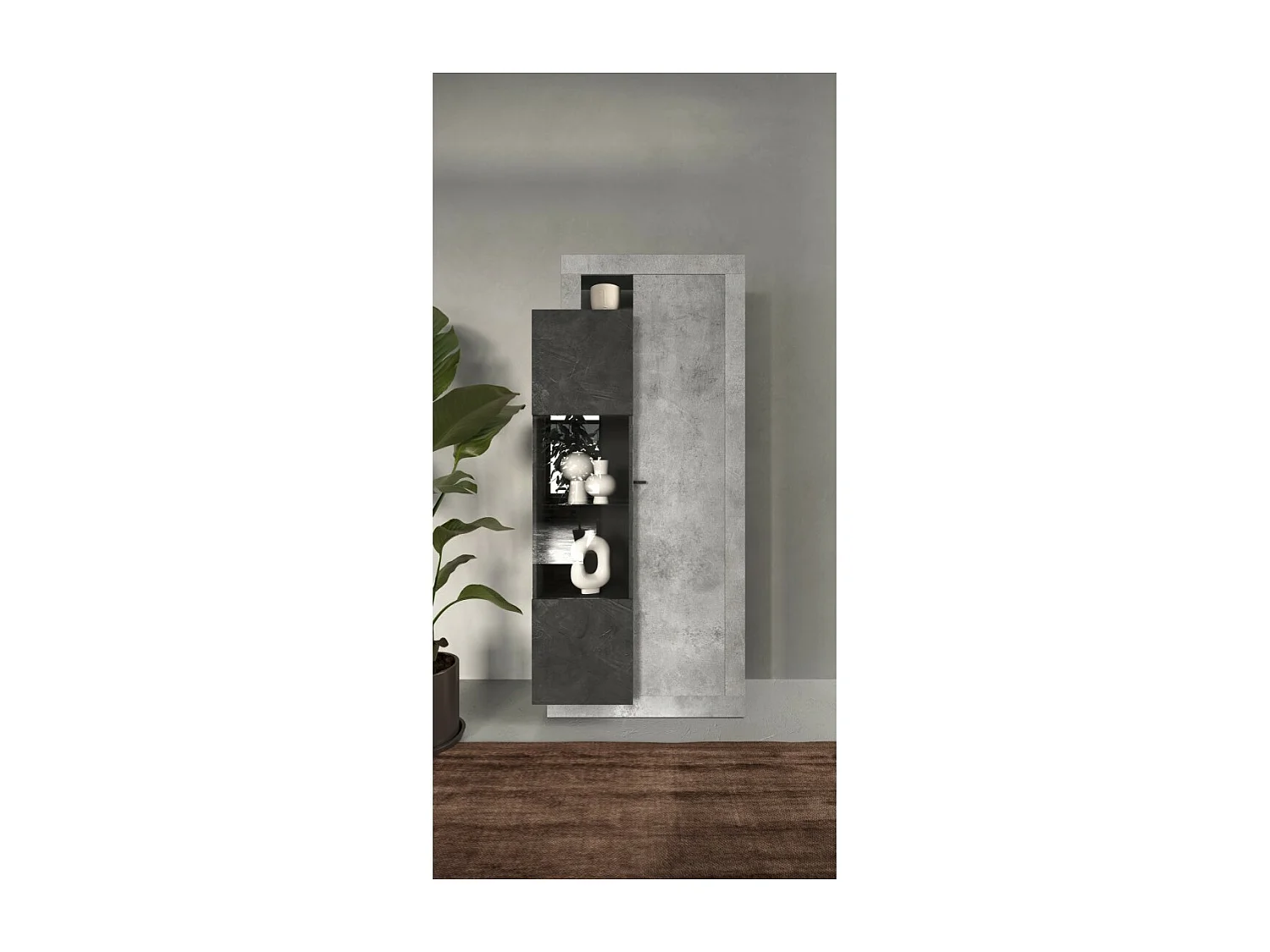 Vitrine design 2 portes collection DOMI. Coloris gris anthracite effet béton