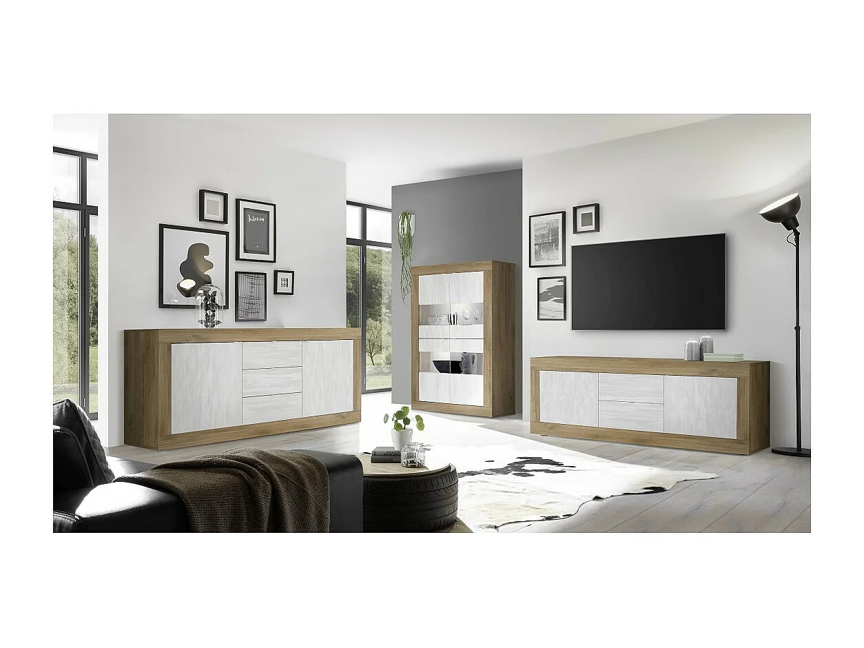 Vitrine design 4 portes collection ACCESS. Coloris blanc et chêne foncé