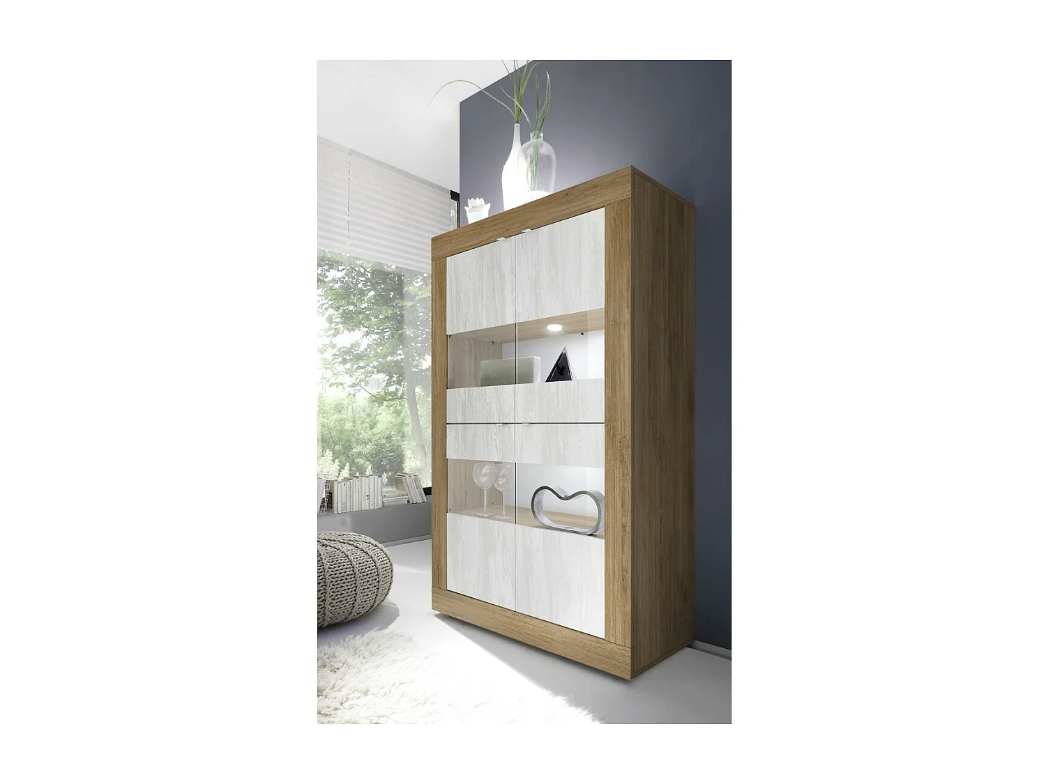 Vitrine design 4 portes collection ACCESS. Coloris blanc et chêne foncé