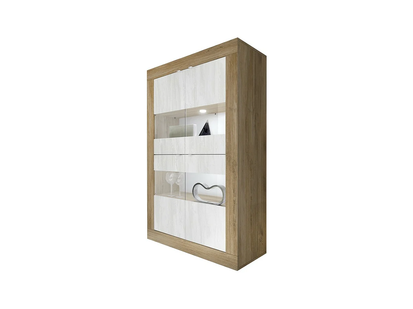 Design-Vitrine mit 4 Türen, Kollektion ACCESS. Farbe: Weiß und dunkle Eiche.