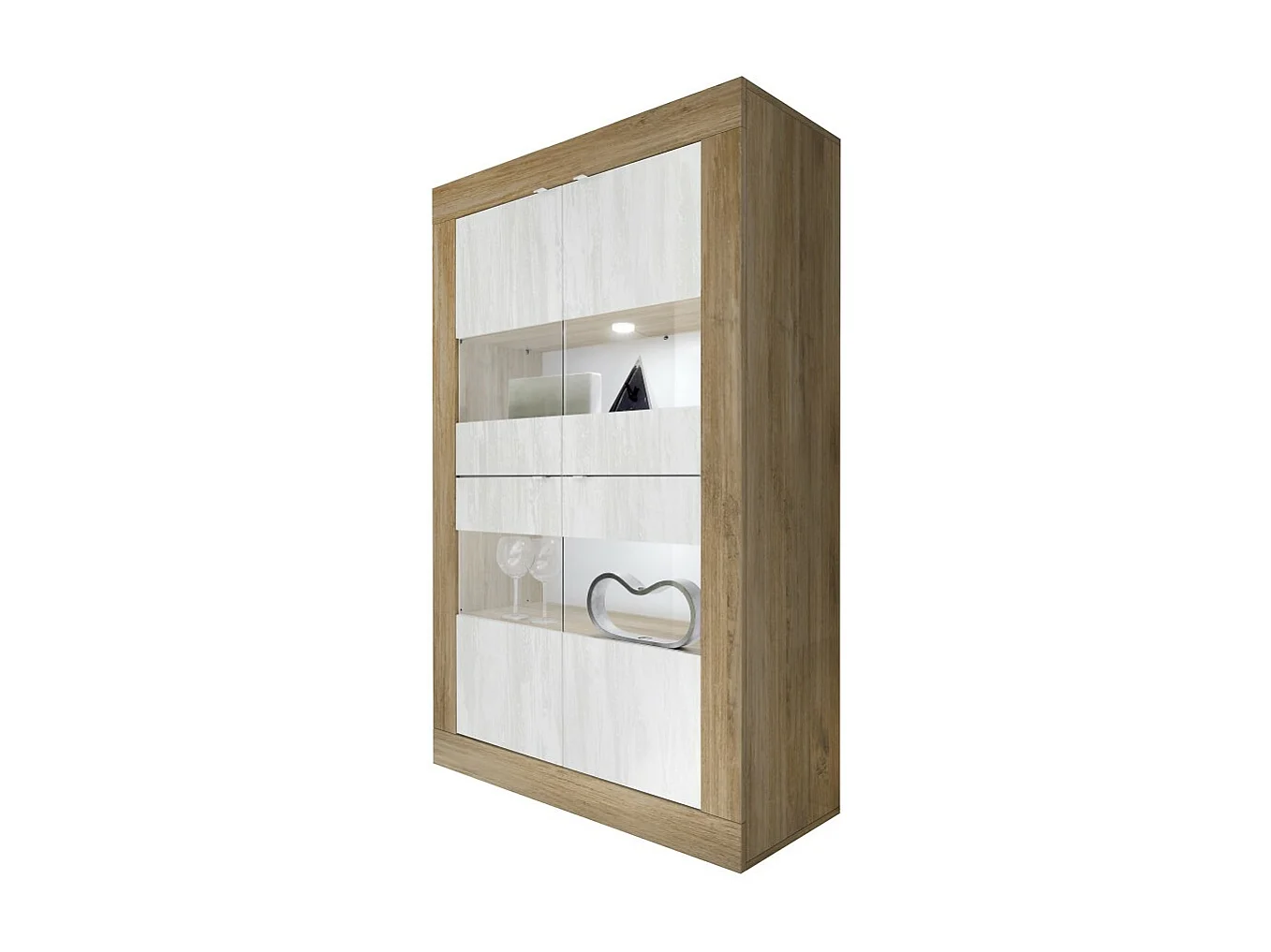 Vitrine design 4 portes collection ACCESS. Coloris blanc et chêne foncé