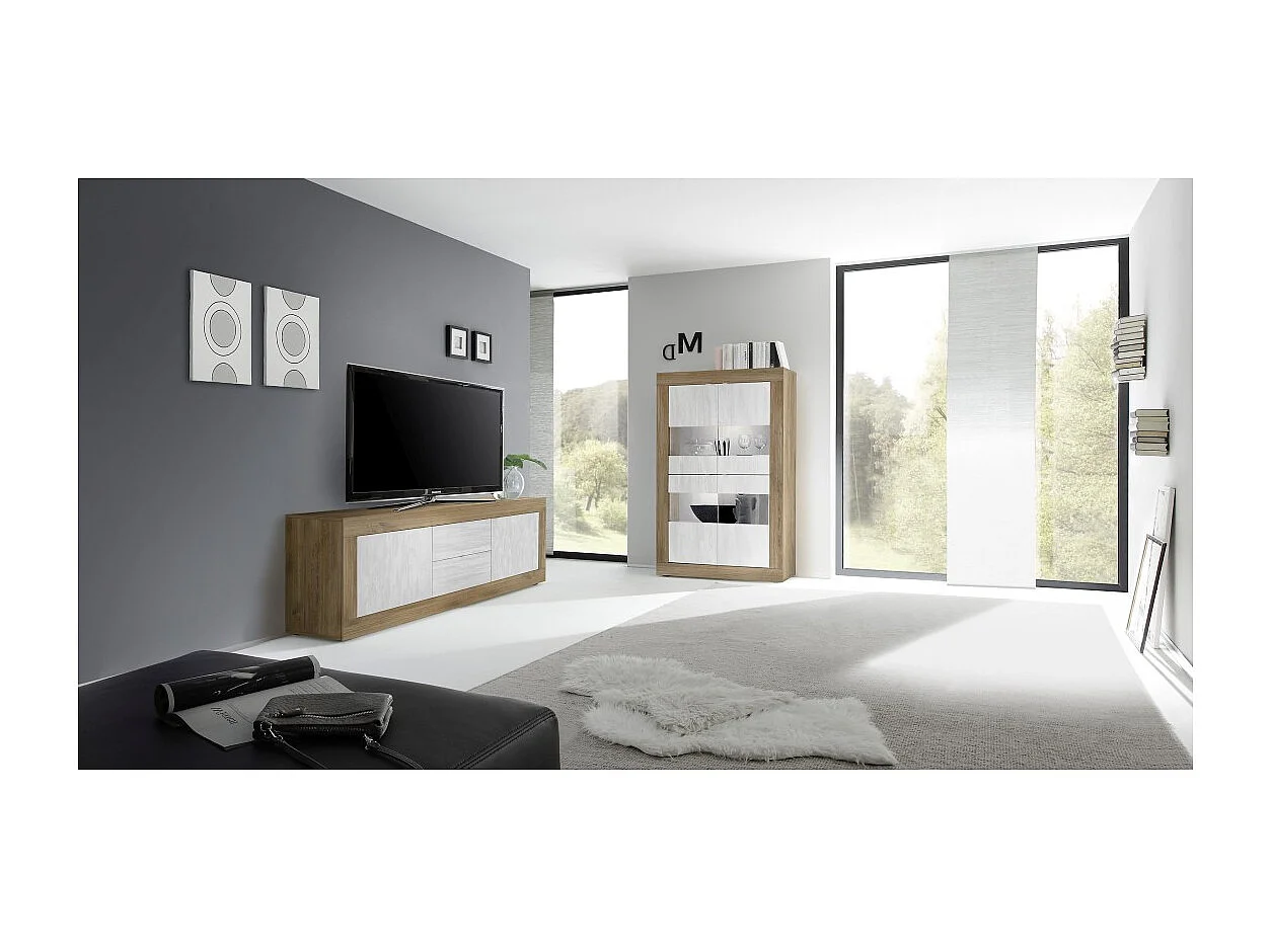 Vitrine design 4 portes collection ACCESS. Coloris blanc et chêne foncé