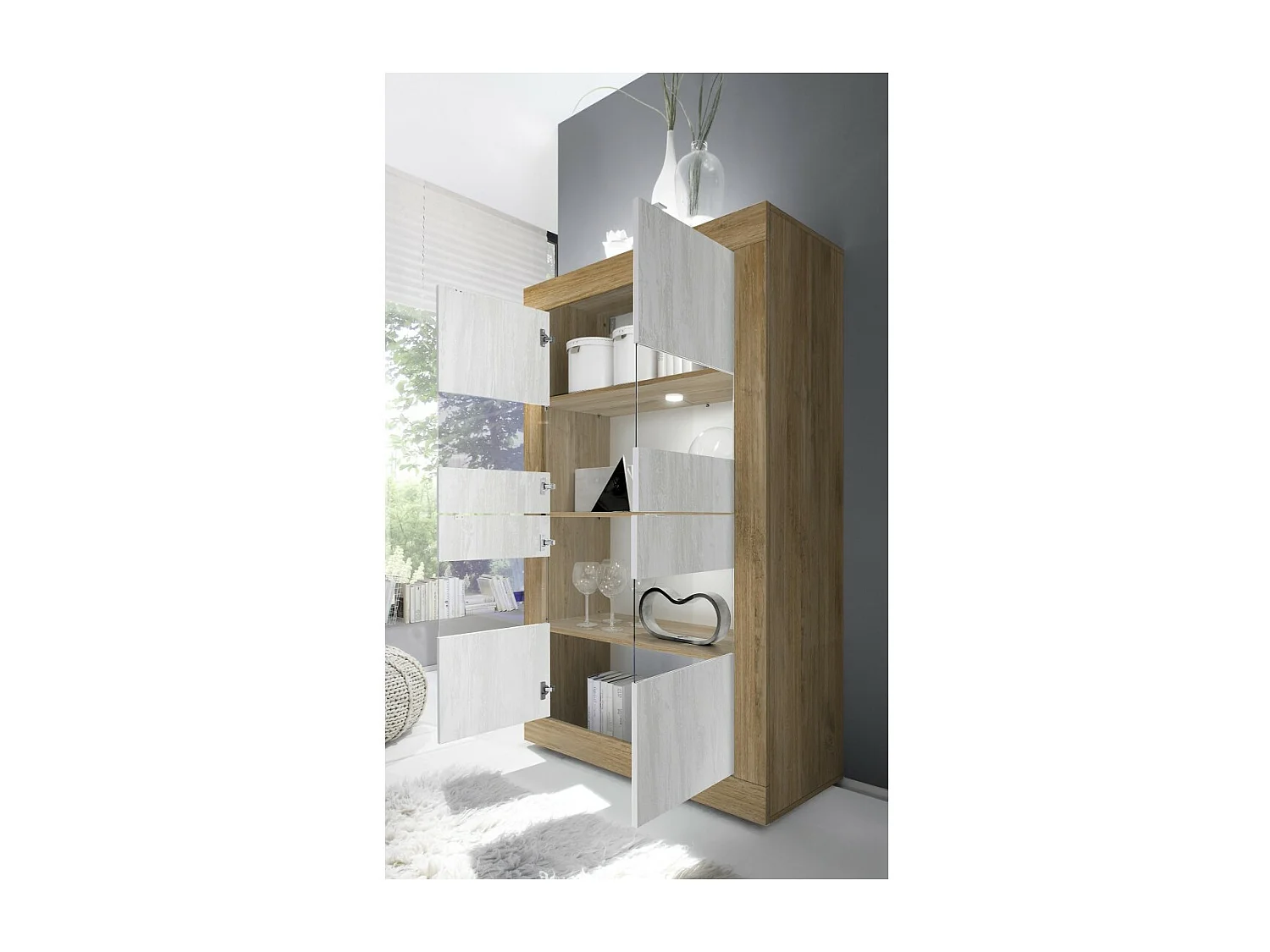Vitrine design 4 portes collection ACCESS. Coloris blanc et chêne foncé