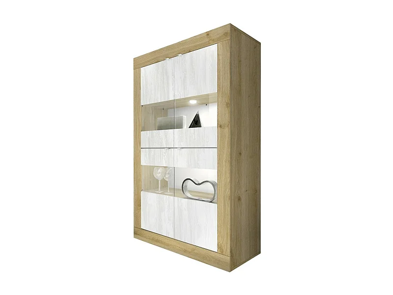Vitrine design met 4 deuren, collectie ACCESS. Kleuren wit en licht eiken.