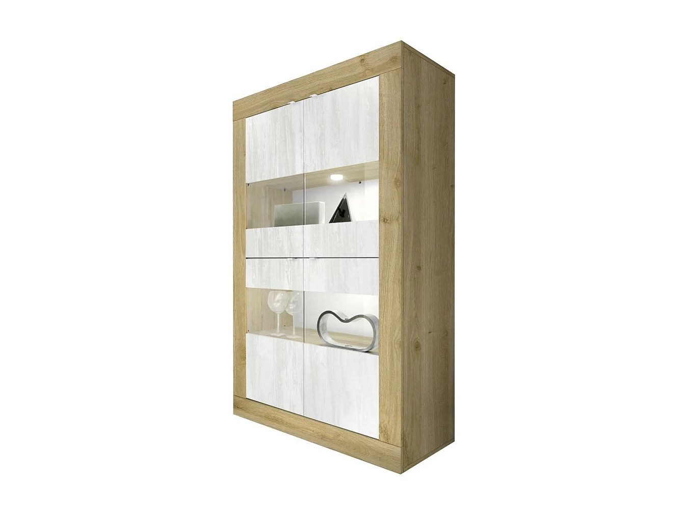 Vitrine design met 4 deuren, collectie ACCESS. Kleuren wit en licht eiken.
