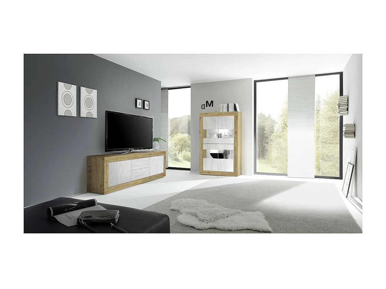 Vitrine design met 4 deuren, collectie ACCESS. Kleuren wit en licht eiken.