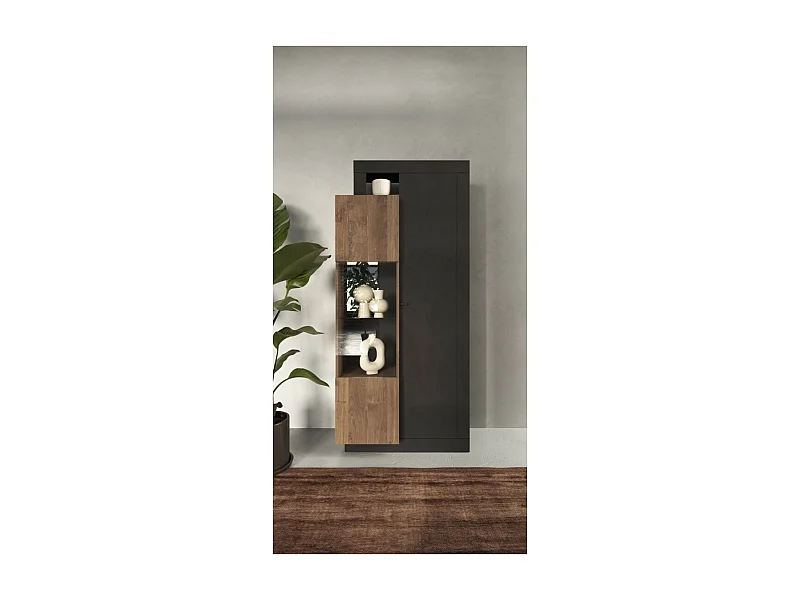 Vitrinekast met 2 deuren uit de collectie DOMI. Kleur antracietgrijs en donkereiken.