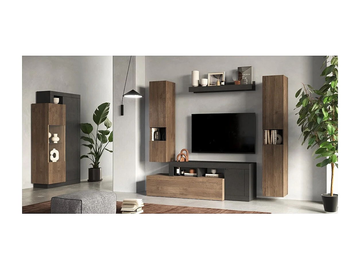 Vitrinekast met 2 deuren uit de collectie DOMI. Kleur antracietgrijs en donkereiken.