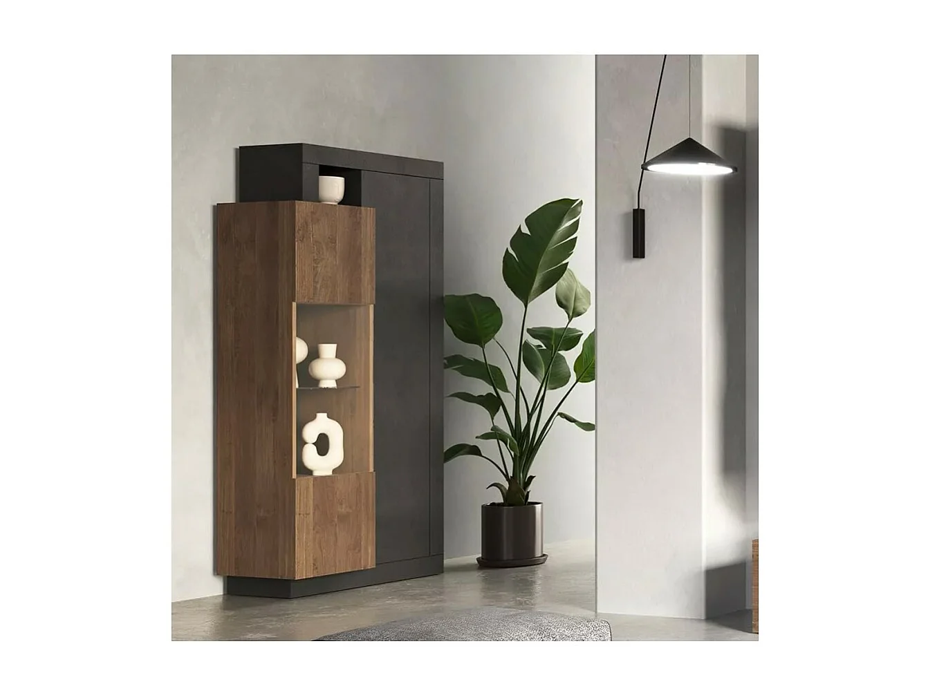 Vitrine 2 portes collection DOMI. Coloris gris anthracite et chêne foncé