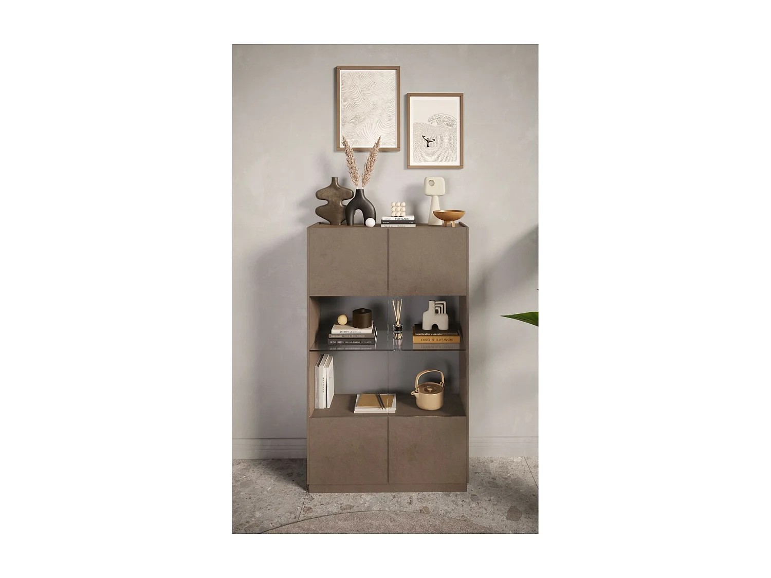 Vitrine design 2 portes, collection DOMI, gris anthracite/chêne foncé