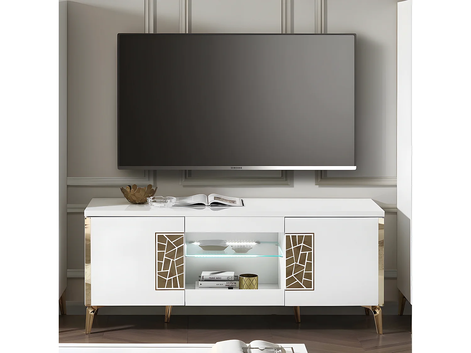 Meuble TV 160 cm 2 portes battante à led Blanc brillant/Or - NAHESA