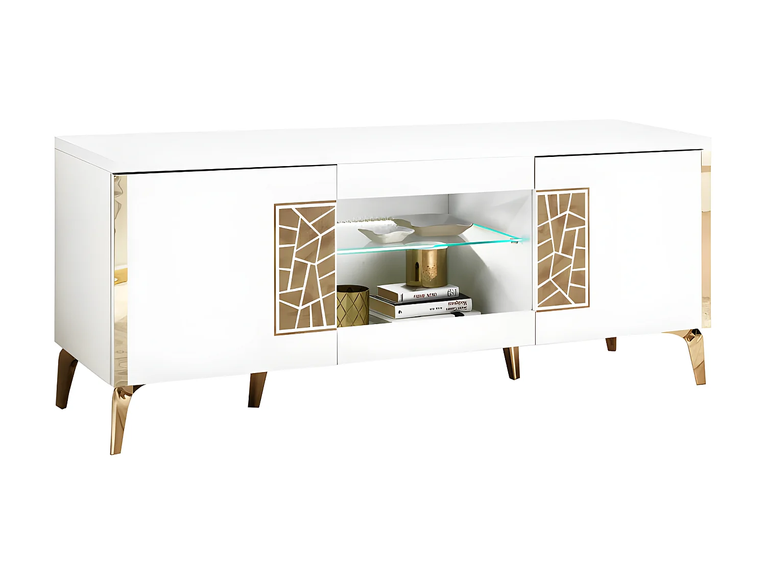 Meuble TV 160 cm 2 portes battante à led Blanc brillant/Or - NAHESA