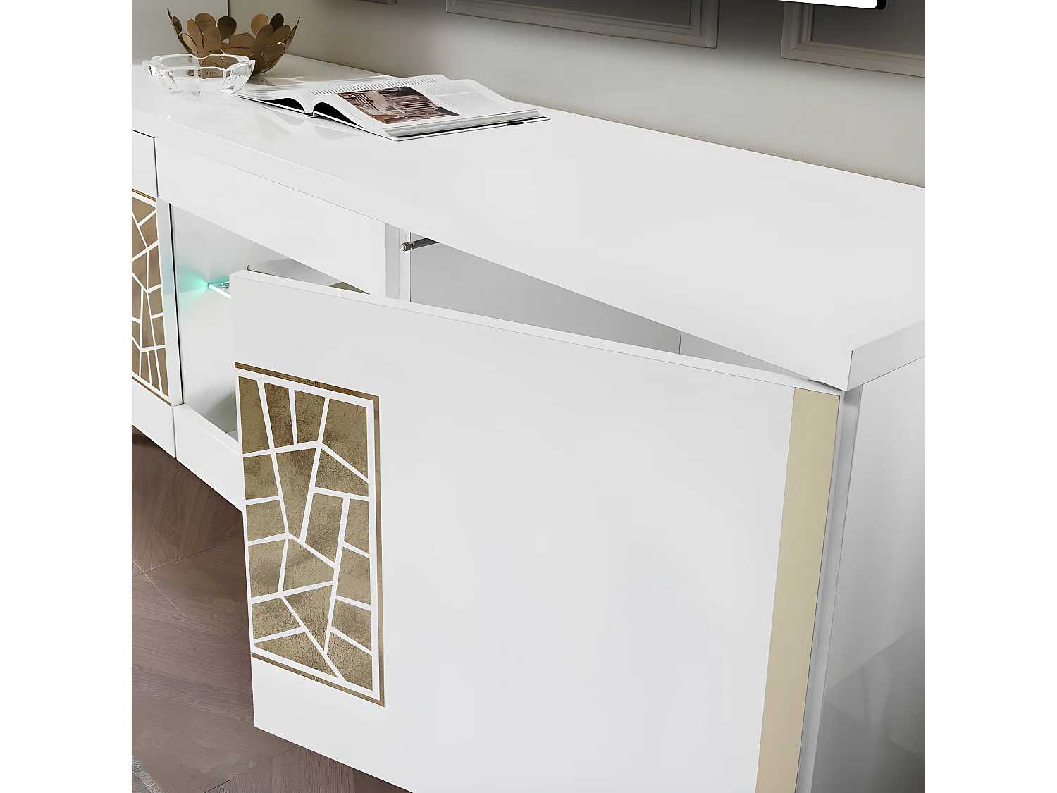 Meuble TV 160 cm 2 portes battante à led Blanc brillant/Or - NAHESA