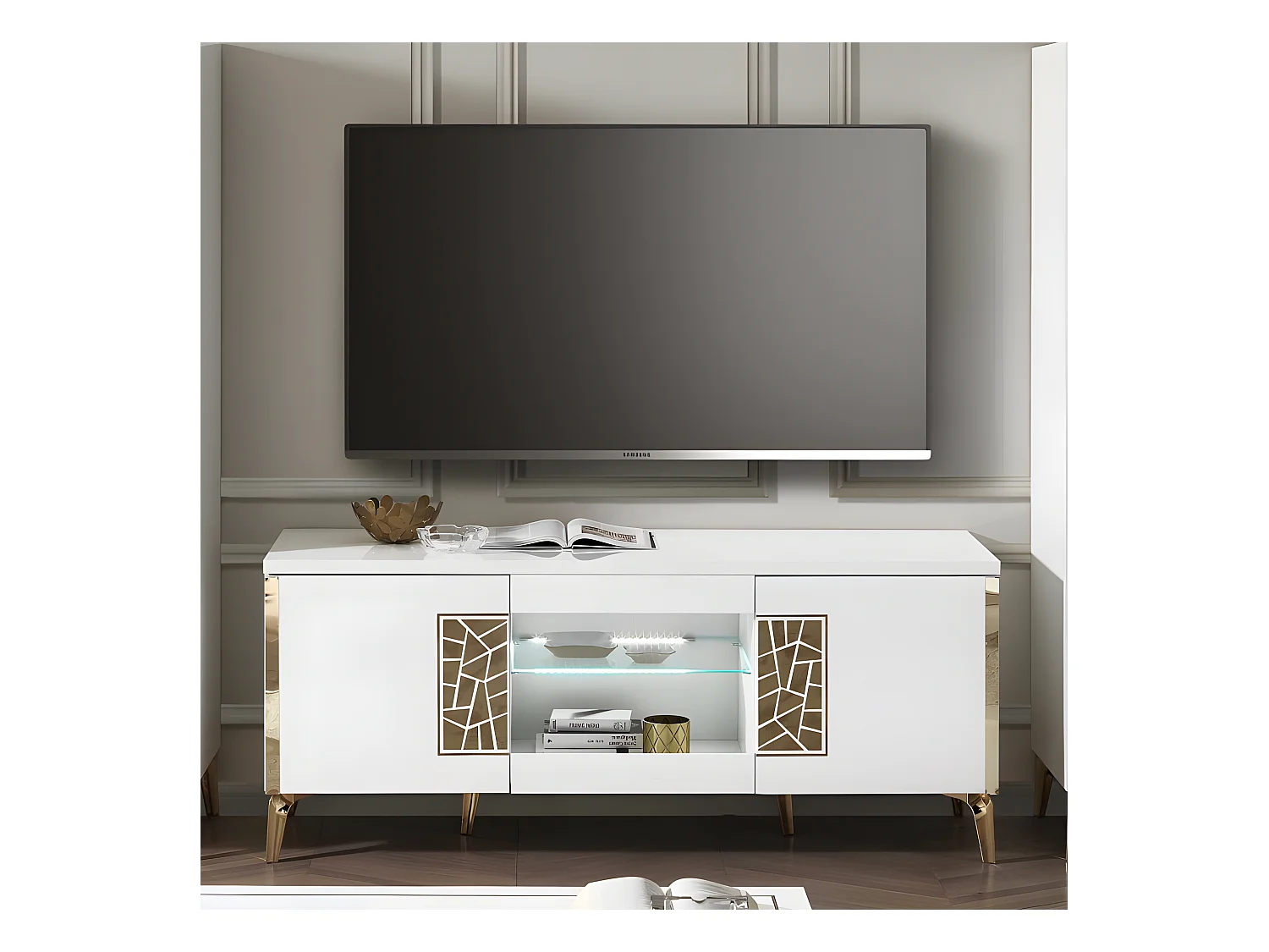Meuble TV 160 cm 2 portes battante à led Blanc brillant/Or - NAHESA