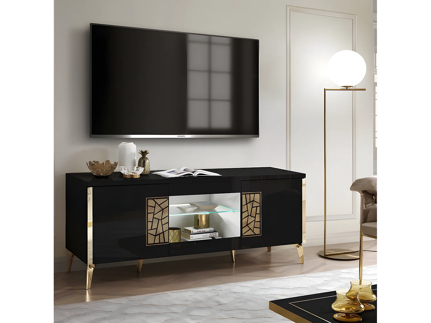 Meuble TV 160 cm 2 portes battante à led Noir brillant/Or - NAHESA