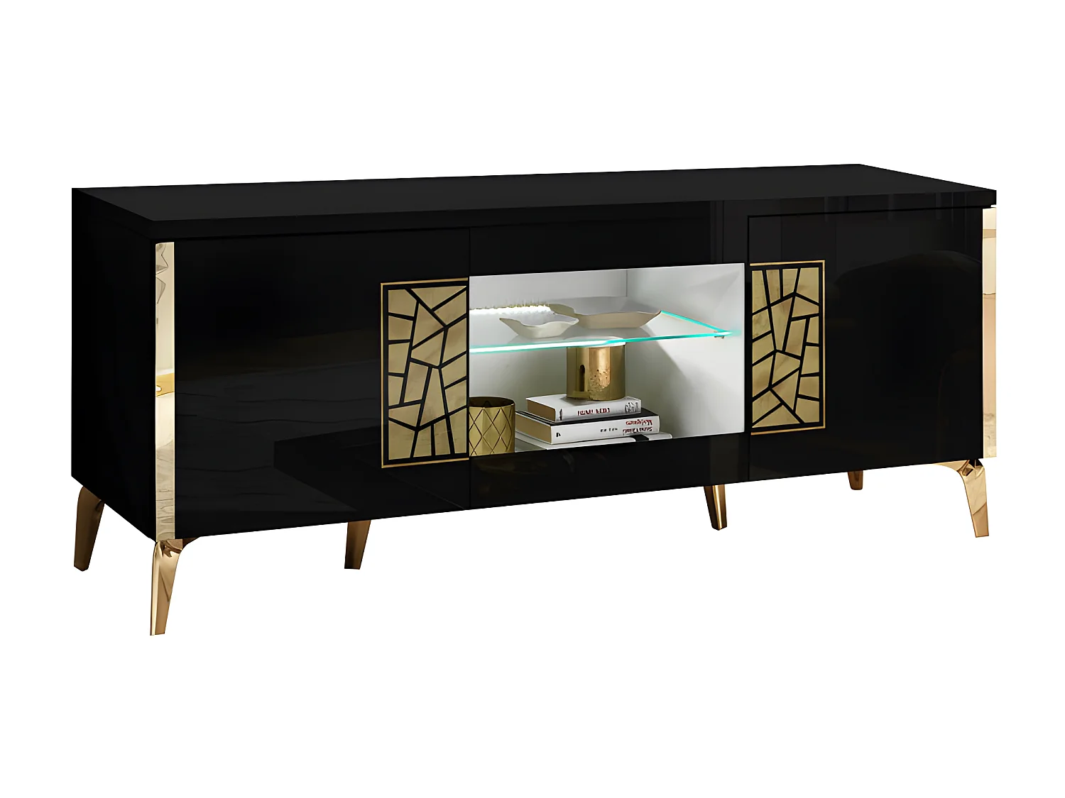 Meuble TV 160 cm 2 portes battante à led Noir brillant/Or - NAHESA