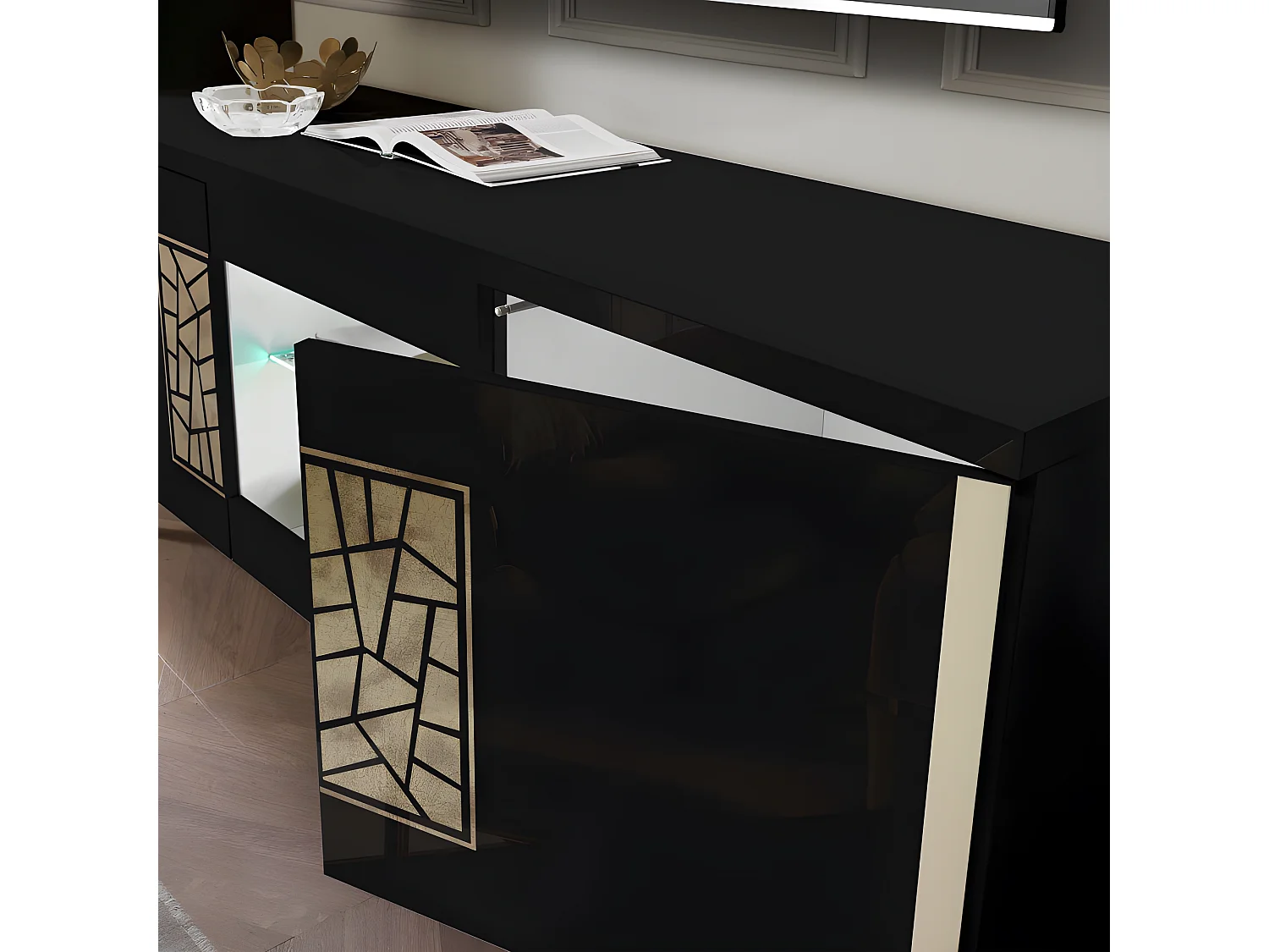 Meuble TV 160 cm 2 portes battante à led Noir brillant/Or - NAHESA