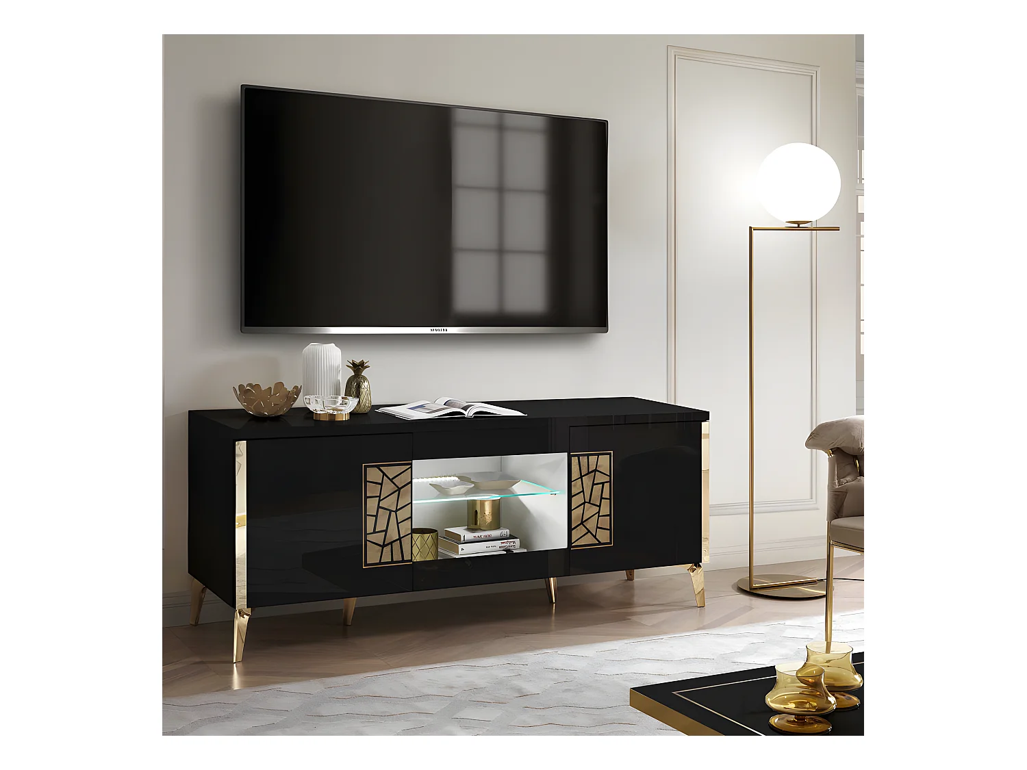 Meuble TV 160 cm 2 portes battante à led Noir brillant/Or - NAHESA