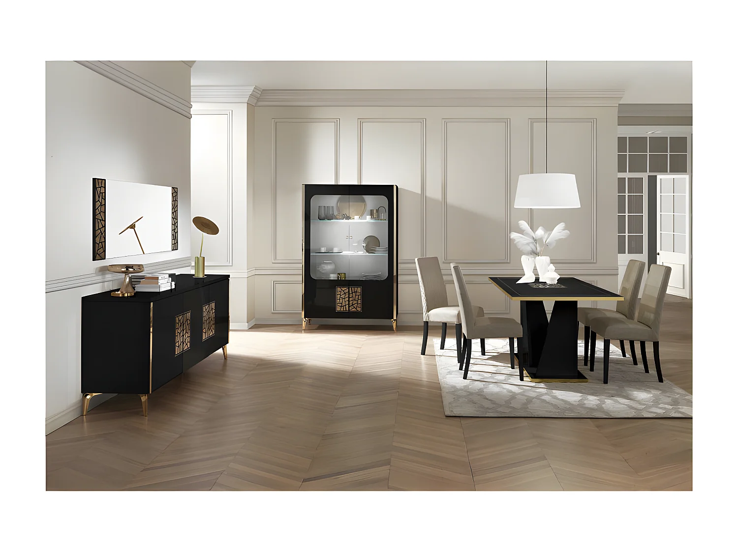 Salle à manger complète noir brillant/Or - NAHESA