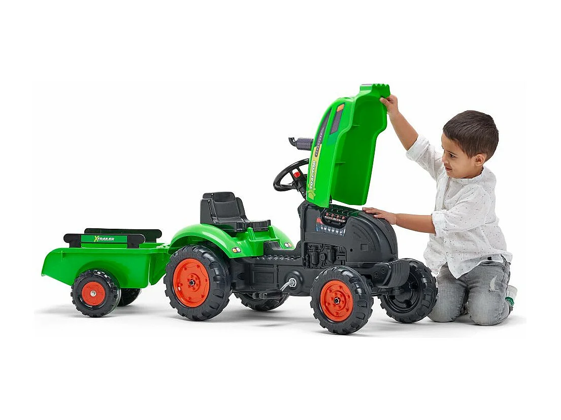 Tracteur pour enfant à pédales avec capot ouvrant et remorque X Tractor
