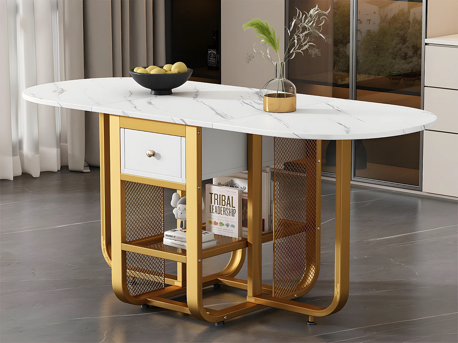 Table à manger pliante rétractable polyvalente - avec 2 tiroirs et étagère de rangement - Panneaux de particules - Blancs & Doré