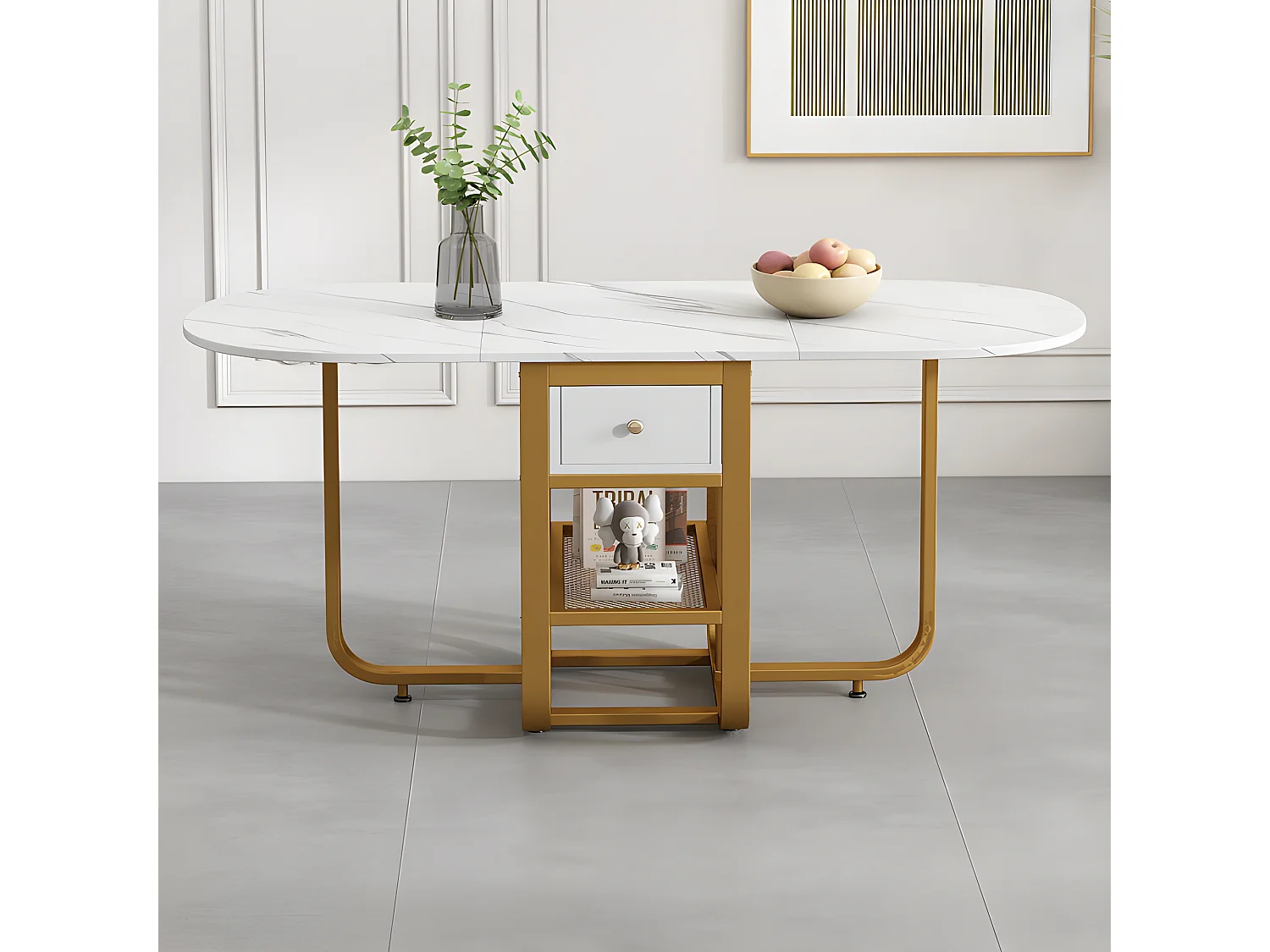 Table à manger pliante rétractable polyvalente - avec 2 tiroirs et étagère de rangement - Panneaux de particules - Blancs & Doré