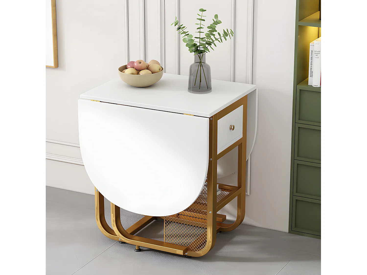 Table à manger pliante rétractable polyvalente - avec 2 tiroirs et étagère de rangement - Panneaux de particules - Blancs & Doré