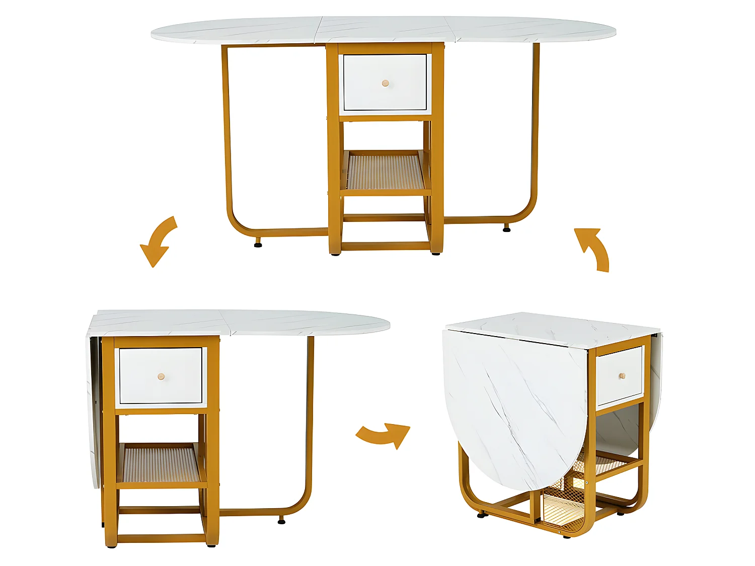 Table à manger pliante rétractable polyvalente - avec 2 tiroirs et étagère de rangement - Panneaux de particules - Blancs & Doré