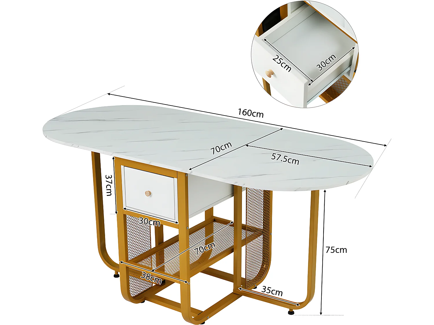Table à manger pliante rétractable polyvalente - avec 2 tiroirs et étagère de rangement - Panneaux de particules - Blancs & Doré