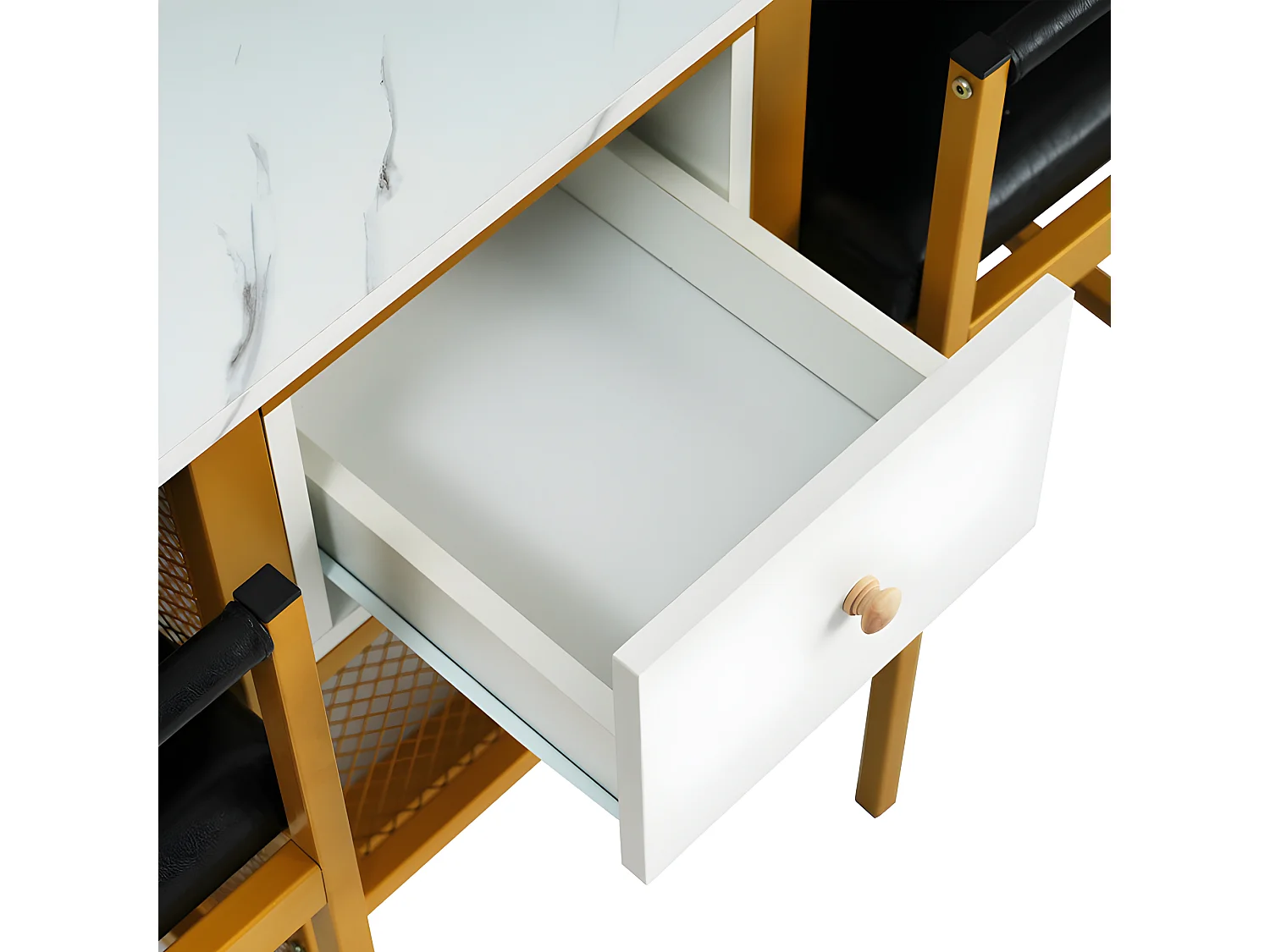 Table à manger pliante rétractable polyvalente - avec 2 tiroirs et étagère de rangement - Panneaux de particules - Blancs & Doré