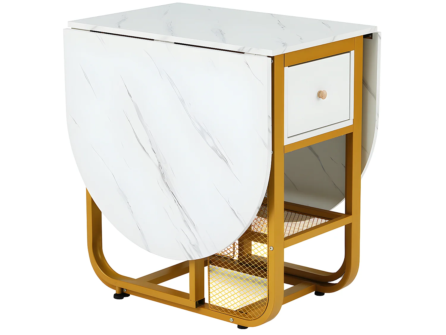 Table à manger pliante rétractable polyvalente - avec 2 tiroirs et étagère de rangement - Panneaux de particules - Blancs & Doré