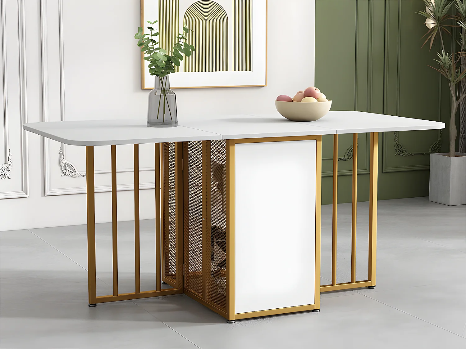 Table à manger pliante rétractable polyvalente avec étagères de rangement - Panneaux de particules - Blancs & Doré
