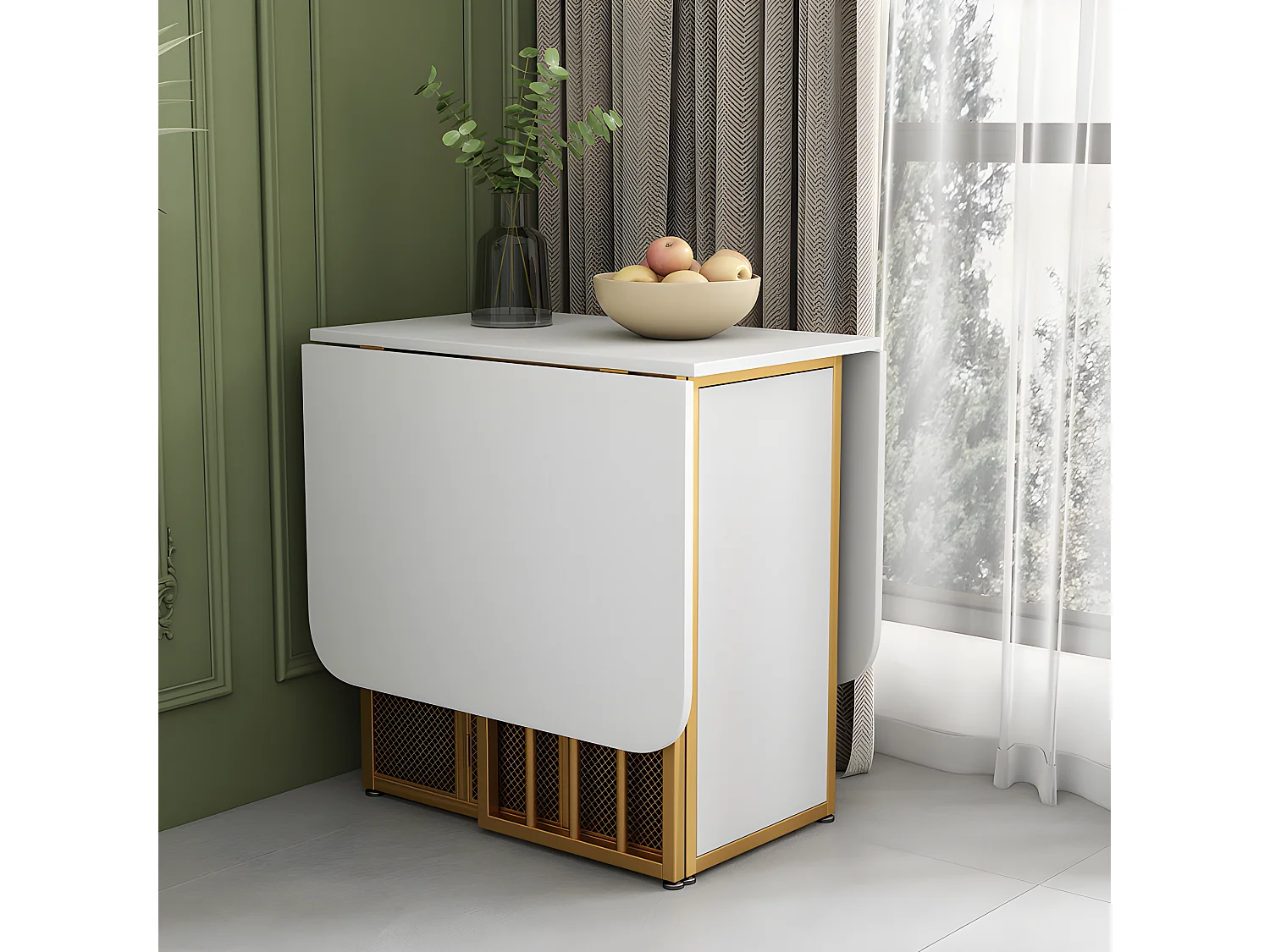 Table à manger pliante rétractable polyvalente avec étagères de rangement - Panneaux de particules - Blancs & Doré