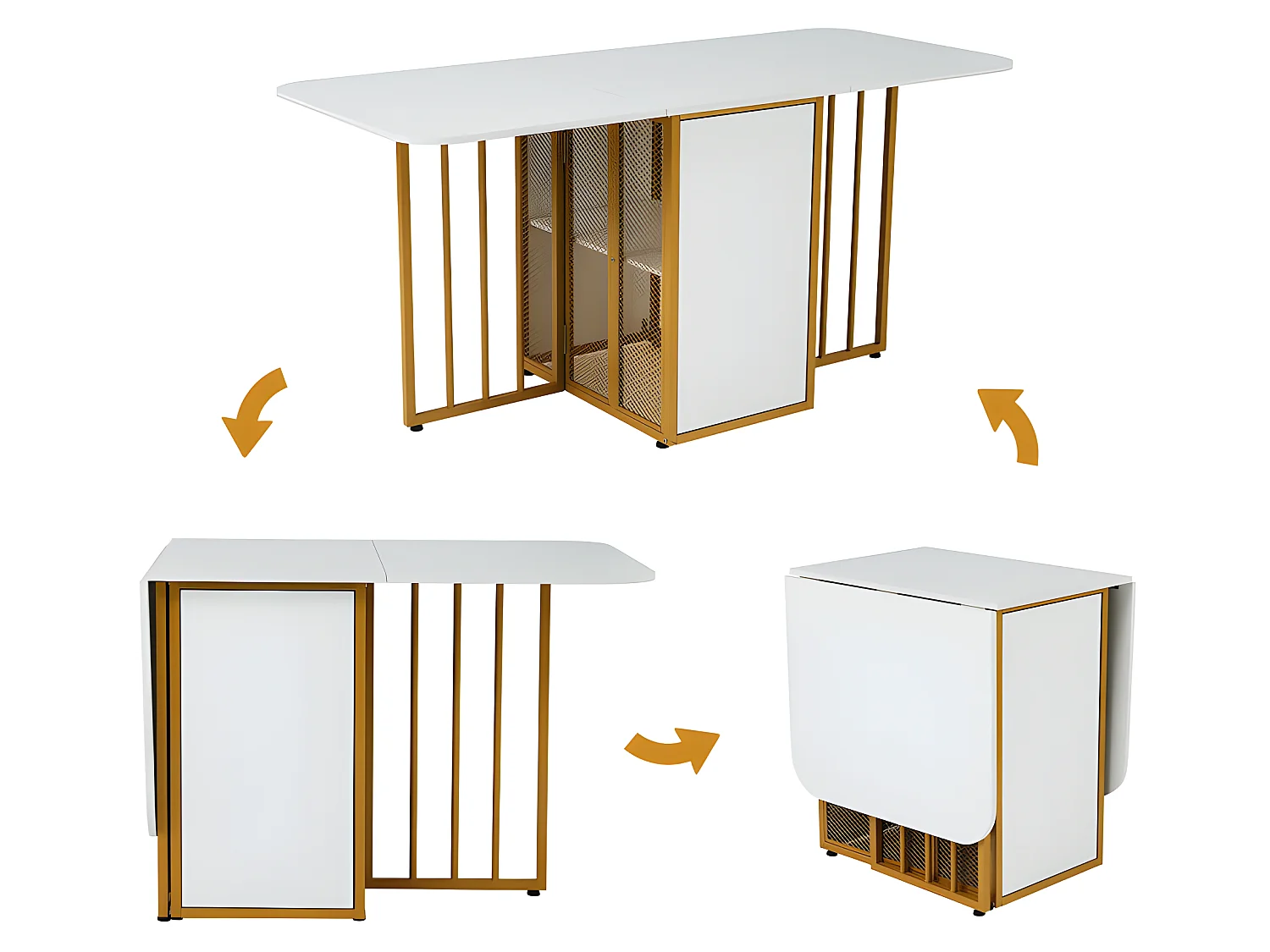 Table à manger pliante rétractable polyvalente avec étagères de rangement - Panneaux de particules - Blancs & Doré