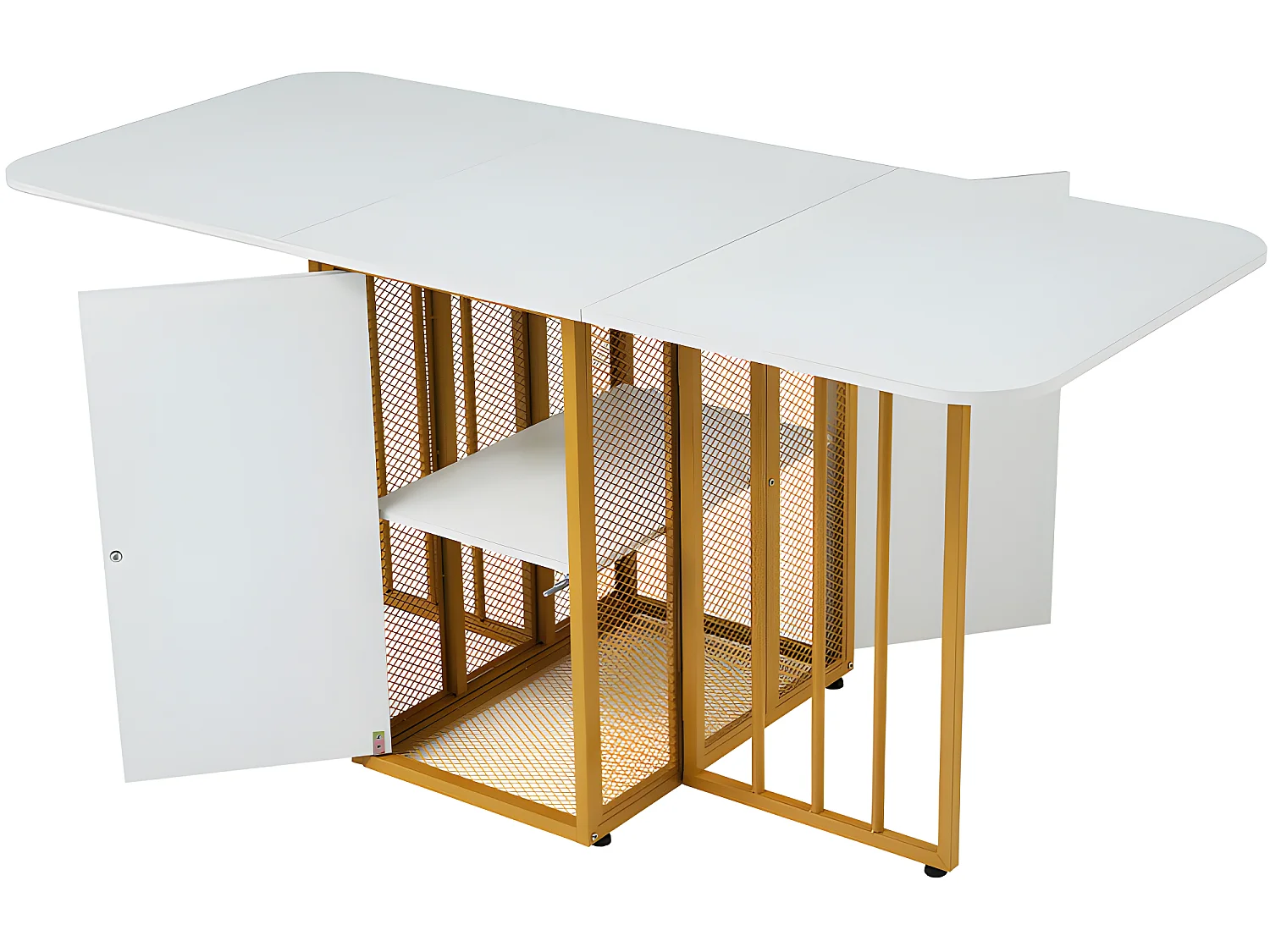 Table à manger pliante rétractable polyvalente avec étagères de rangement - Panneaux de particules - Blancs & Doré