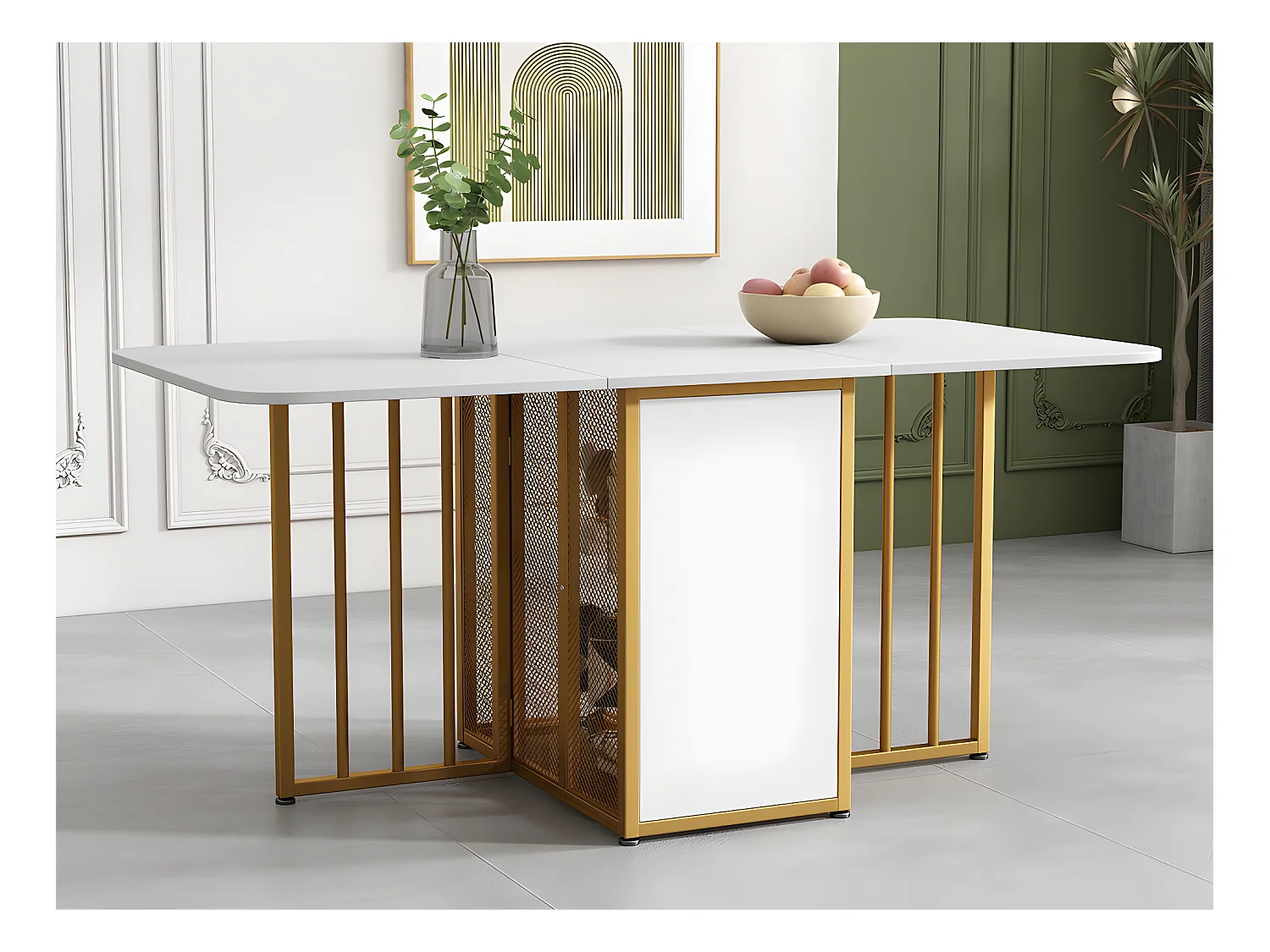 Veelzijdige intrekbare opklapbare eettafel met opbergplanken - spaanplaat - wit en goud