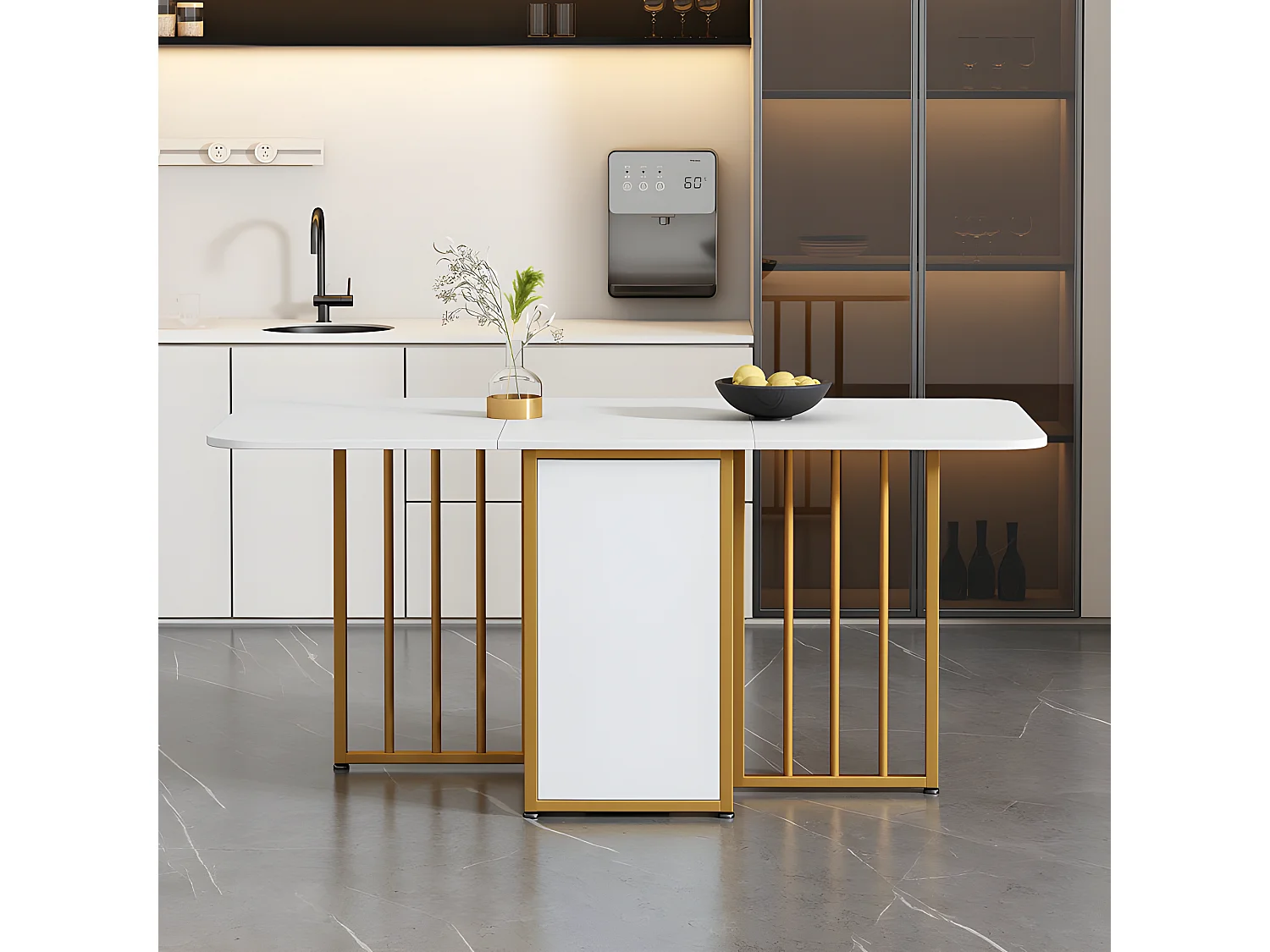 Table à manger pliante rétractable polyvalente avec étagères de rangement - Panneaux de particules - Blancs & Doré