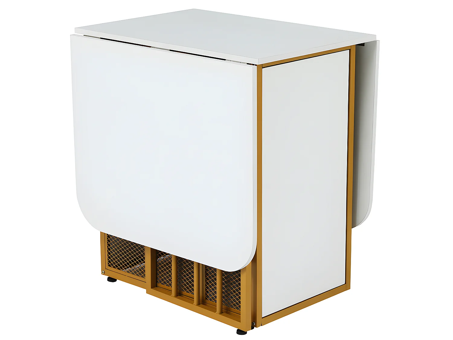 Table à manger pliante rétractable polyvalente avec étagères de rangement - Panneaux de particules - Blancs & Doré