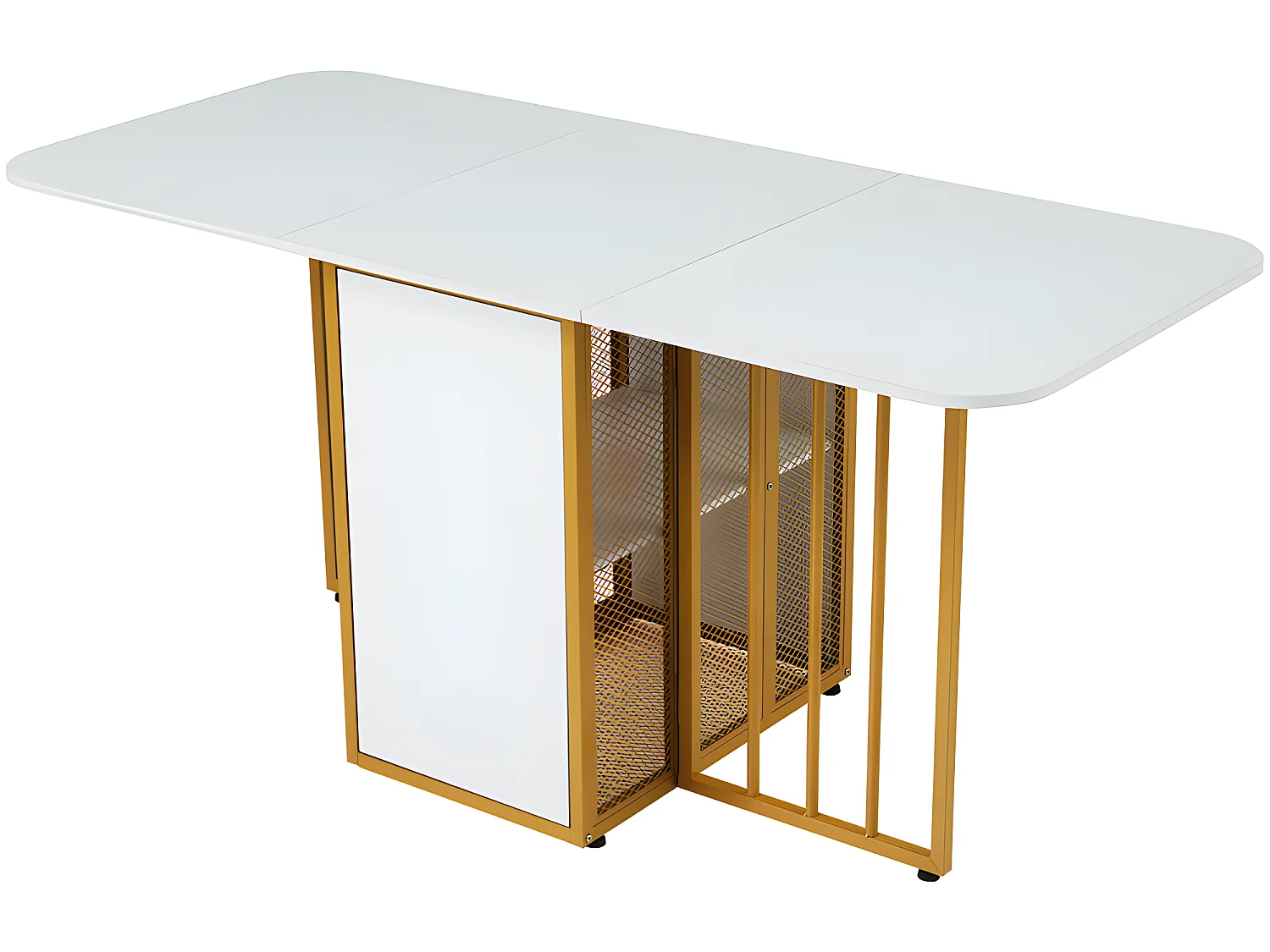 Table à manger pliante rétractable polyvalente avec étagères de rangement - Panneaux de particules - Blancs & Doré