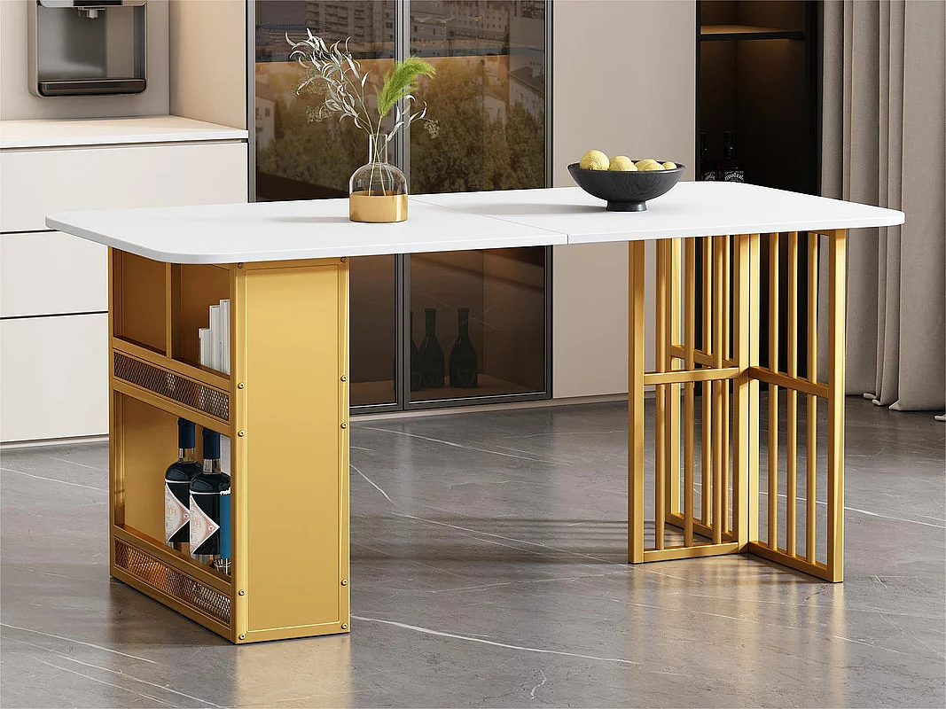 Rechteckiger Esstisch mit Ablageflächen – moderner Stil – Weiß und Gold