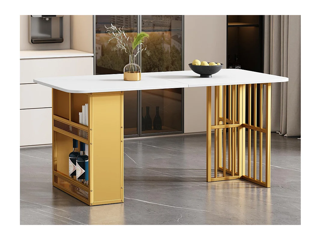 Table à manger rectangulaire avec étagères de rangement - style moderne - Blancs & Doré