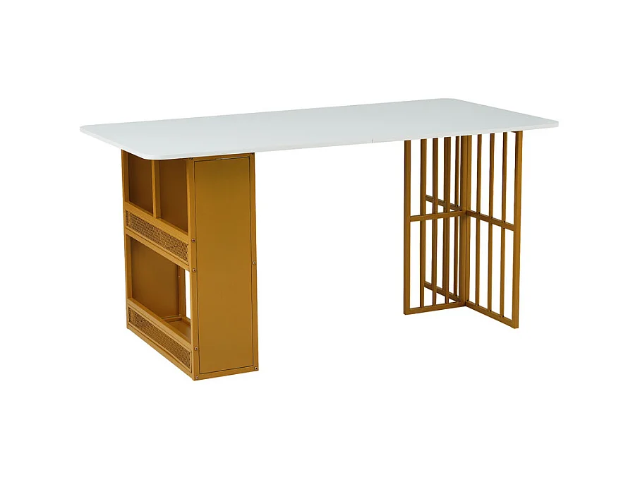 Mesa de comedor rectangular con estantes de almacenamiento - estilo moderno - Blanco y Dorado