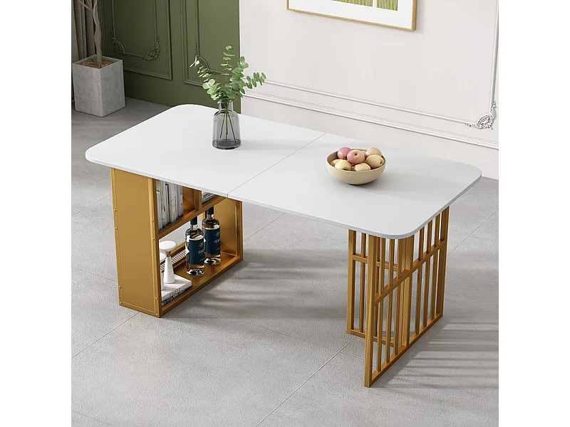 Mesa de comedor rectangular con estantes de almacenamiento - estilo moderno - Blanco y Dorado
