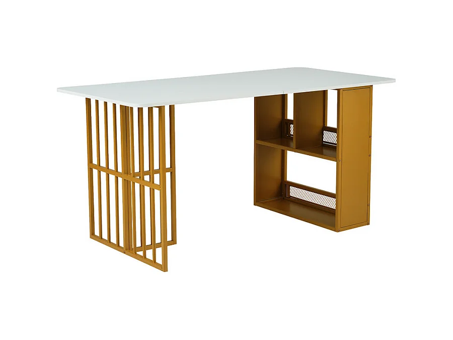 Mesa de comedor rectangular con estantes de almacenamiento - estilo moderno - Blanco y Dorado