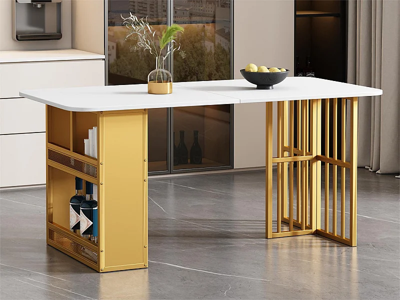 Rechteckiger Esstisch mit Ablageflächen – moderner Stil – Weiß und Gold
