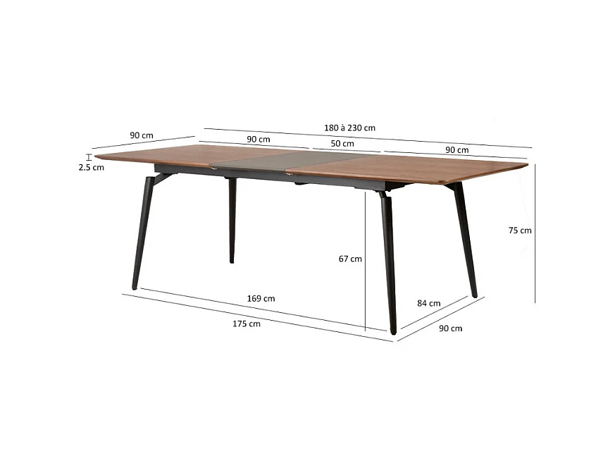 Table extensible 180 à 230 cm plaquée en noyer et pieds métal - CARSON